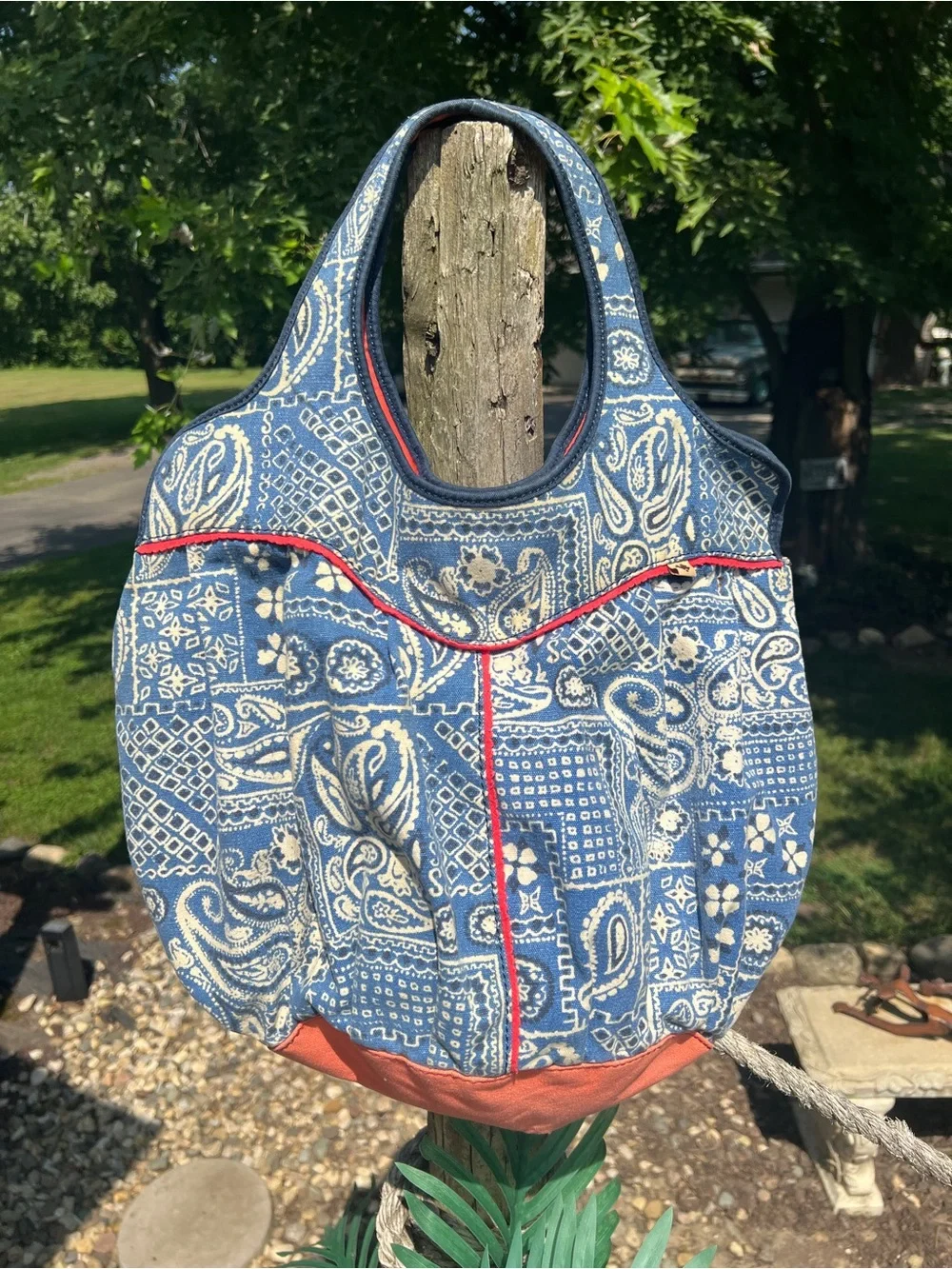 Lucky Brand Blue Paisley Quilted Tote Bag with Red Trim